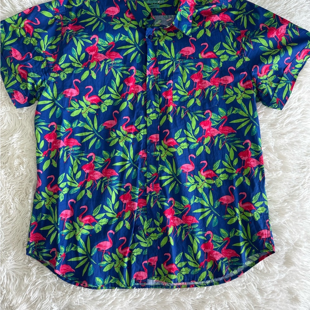 Tropical Flamingo Print Men's Shirt - Blue and Pink